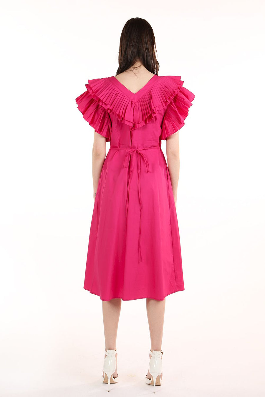 Cocktail Dresses V Neck Pleated Ruffle Trim Sleeve Midi Dress Fuchsia