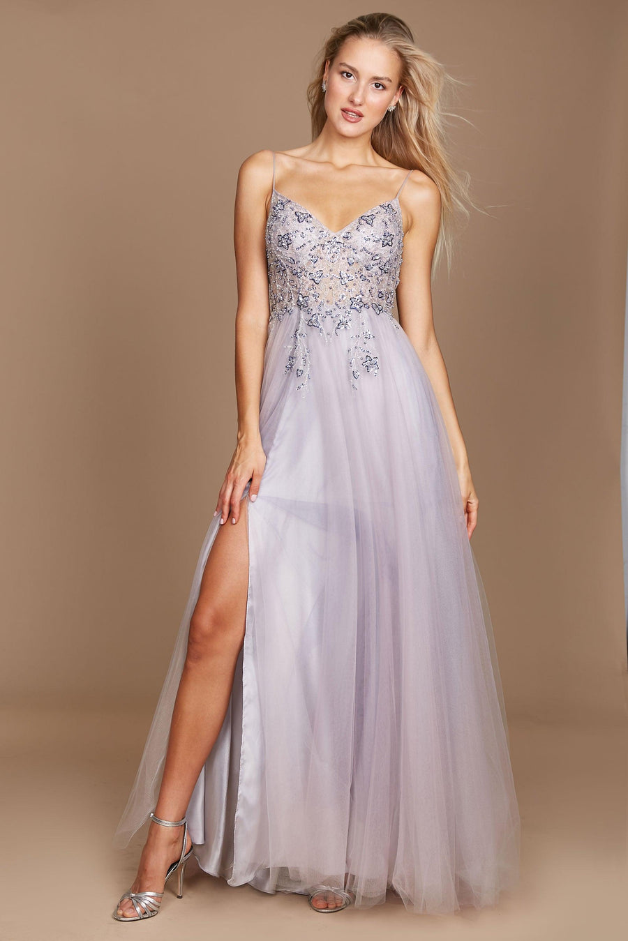 Prom Dresses Long Jeweled Beaded Tulle Prom Dress Multi Gray