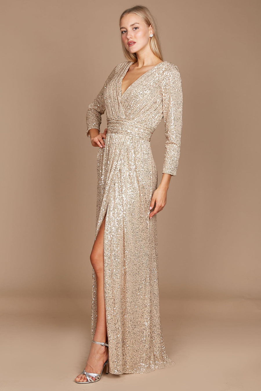 Formal Dresses Long Sleeve Sequin Formal Beaded Dress Gold