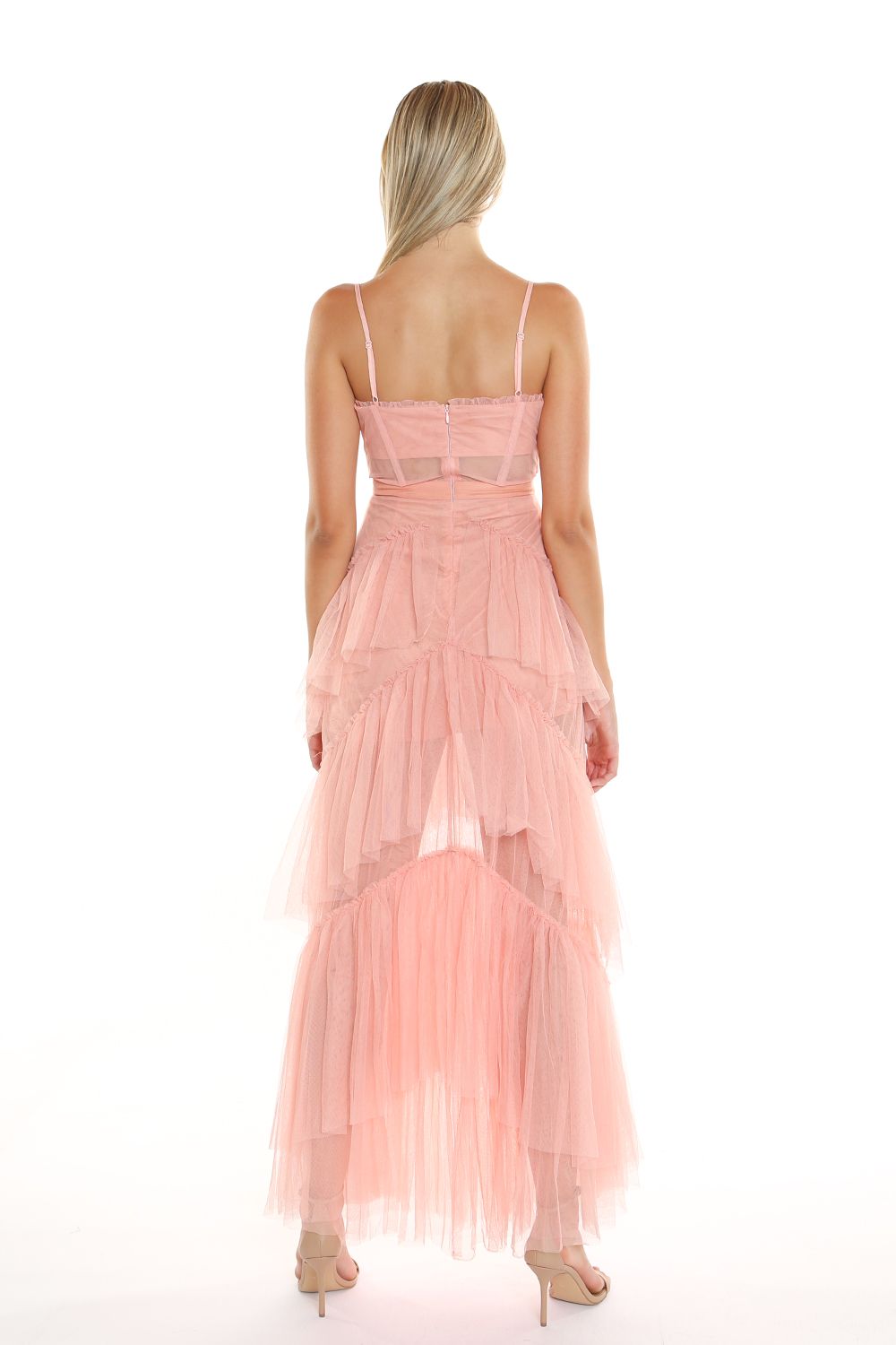 Salmon Spaghetti Tiered Mesh Long Dress for 139.99 The Dress Outlet