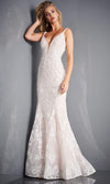 Embroidered Deep V Neck Trumpet Dress 66792 - The Dress Outlet