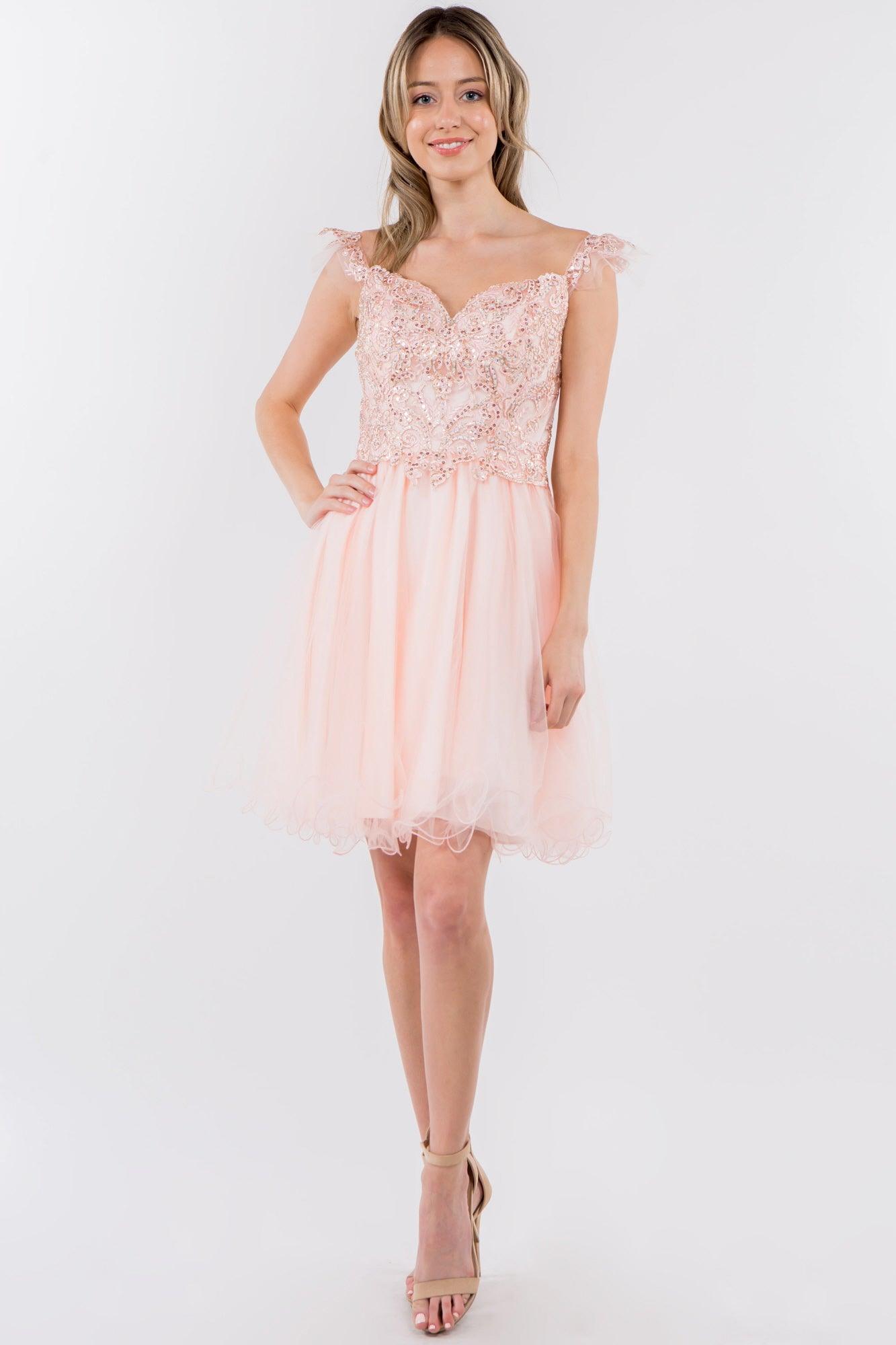 Embroidered Ruffle Short Homecoming Dress - The Dress Outlet