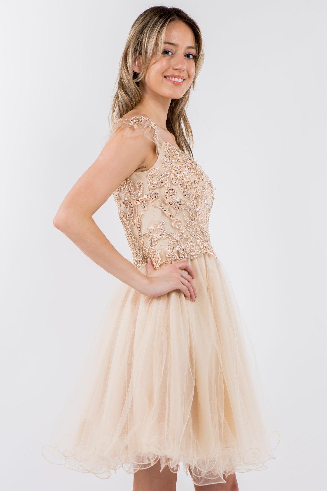 Embroidered Ruffle Short Homecoming Dress - The Dress Outlet