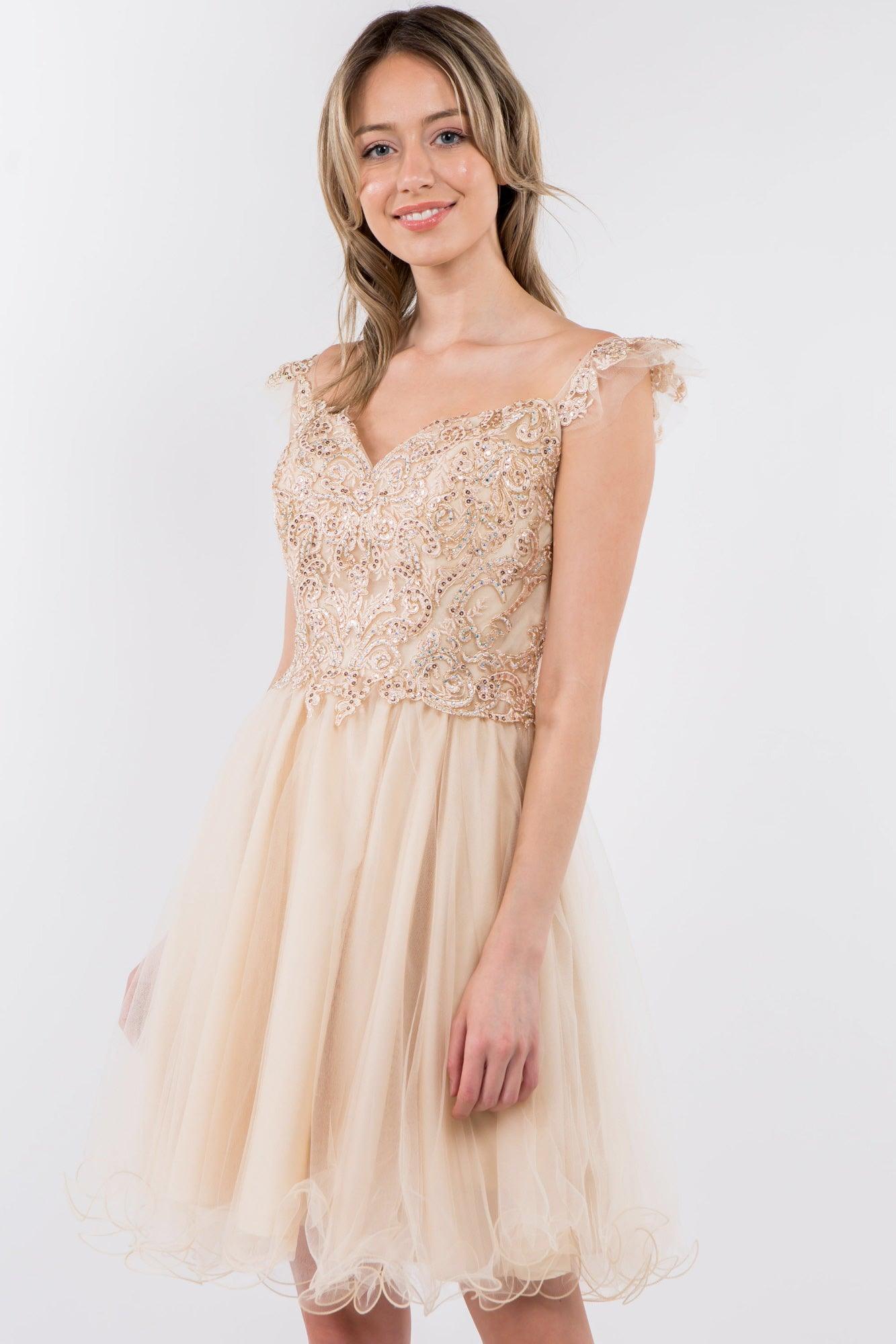 Embroidered Ruffle Short Homecoming Dress - The Dress Outlet