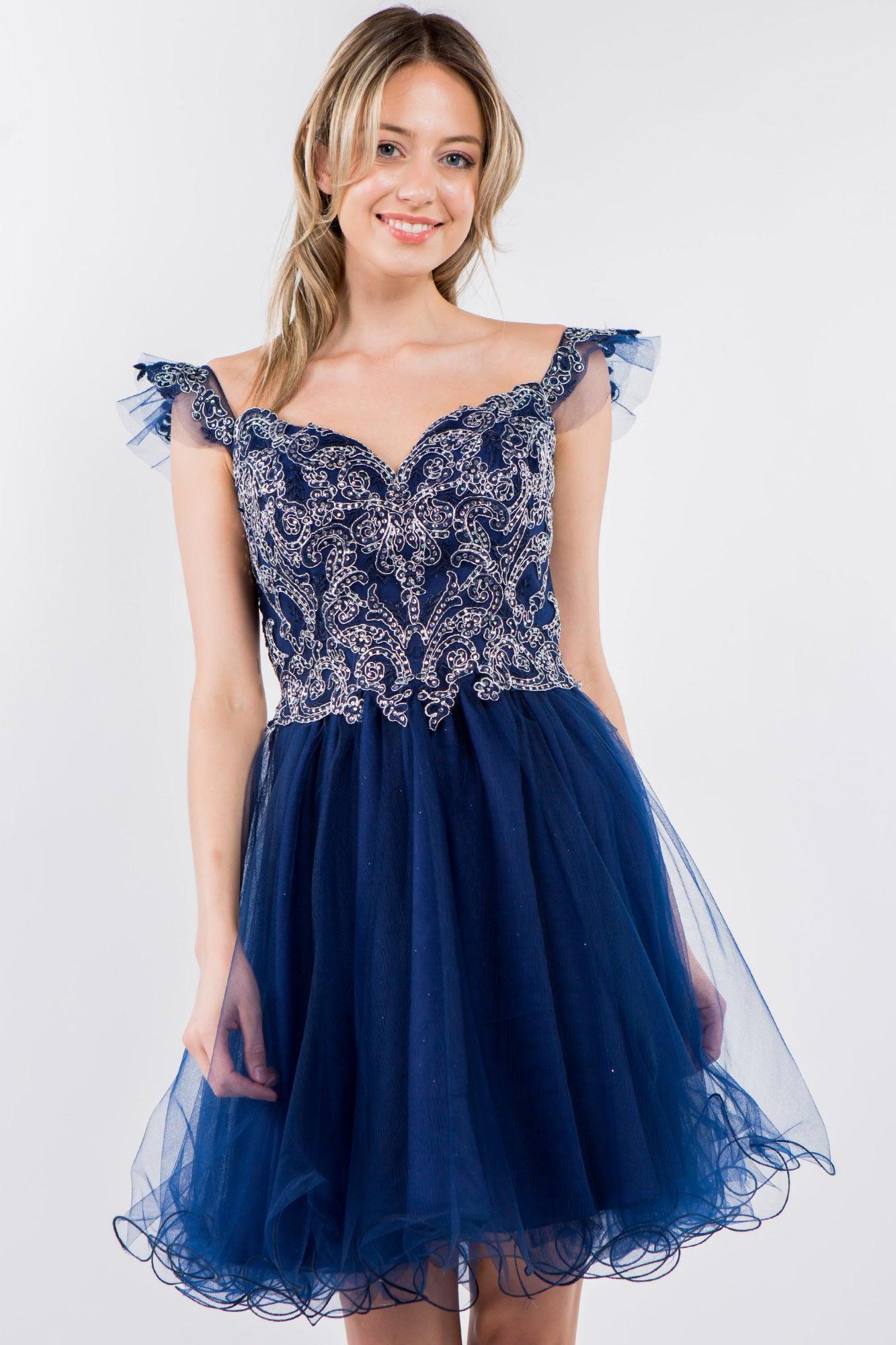 Embroidered Ruffle Short Homecoming Dress - The Dress Outlet