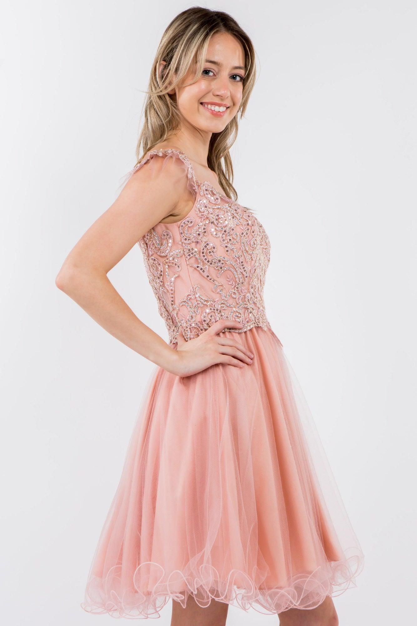 Embroidered Ruffle Short Homecoming Dress - The Dress Outlet