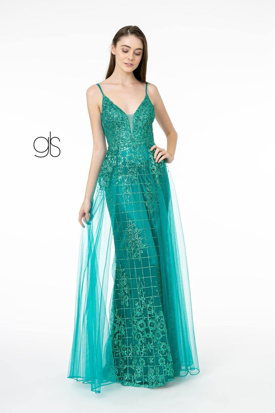 Glitter Mesh Illusion Deep V-Neck Long Prom Dress Sale - The Dress Outlet