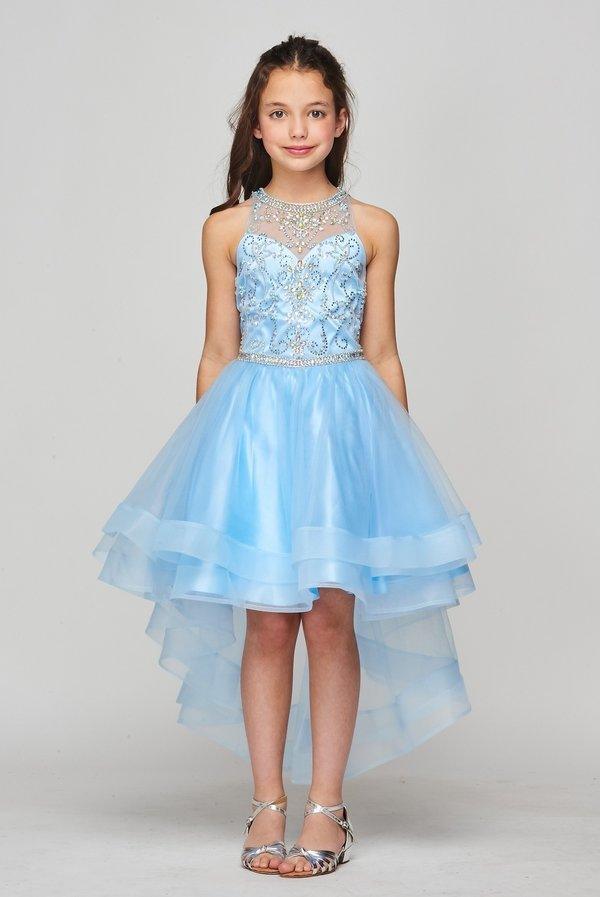 High Low Flower Girl Halter Beaded Dress - The Dress Outlet