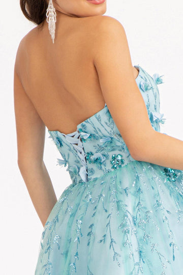 Blue Lace-Up Appliques Strapless Sheath Homecoming Dress