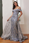  J836 Long Off Shoulder Evening Gown Smoky Blue