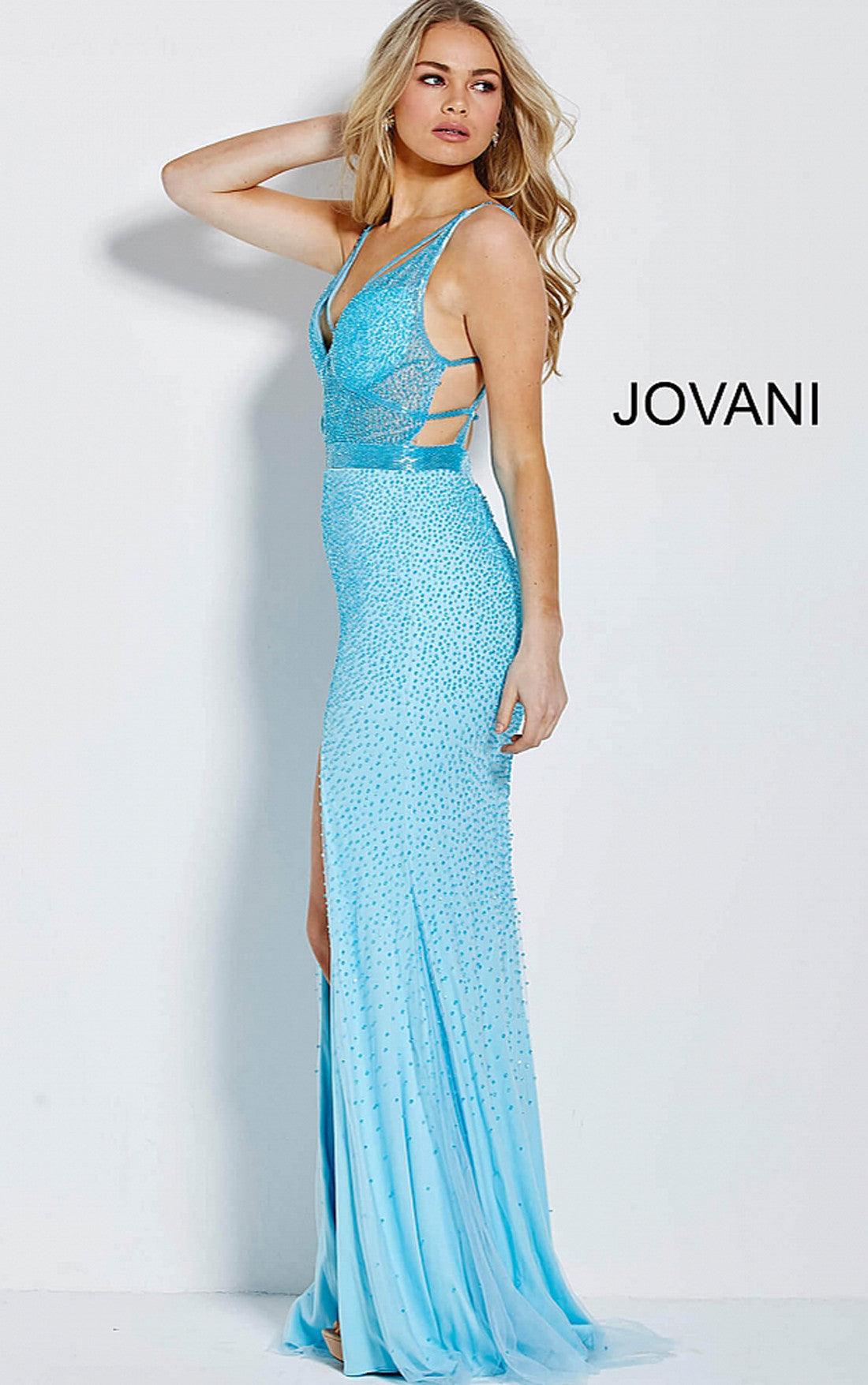 Light Blue Jovani 60404 Long Deep V neck Sheath Prom Dress for