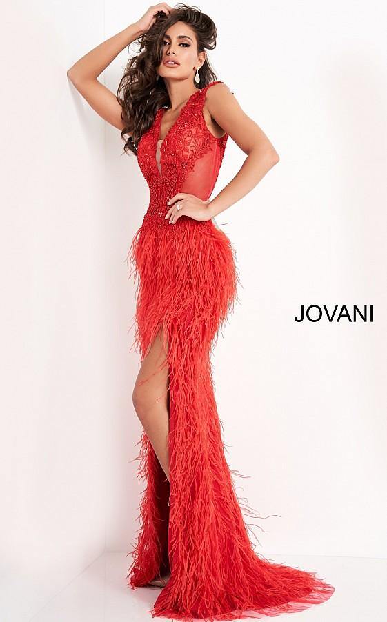 Jovani Long Sheath Feather Prom Dress 06446 - The Dress Outlet