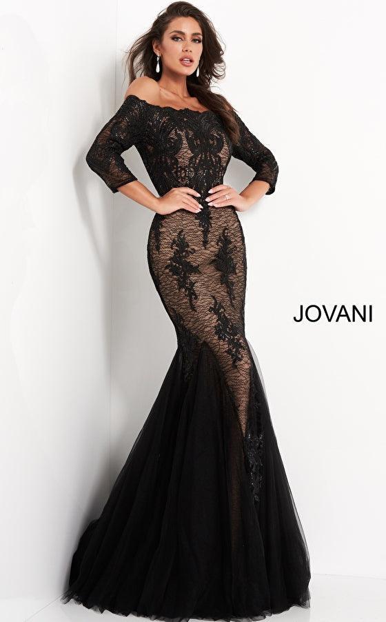 Jovani Off Shoulder 3/4 Sleeve Long Formal Dress 3376 - The Dress Outlet