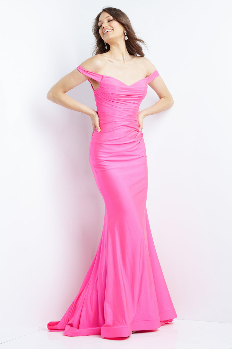 Jovani Off the Shoulder Long Prom Dress Fuchsia