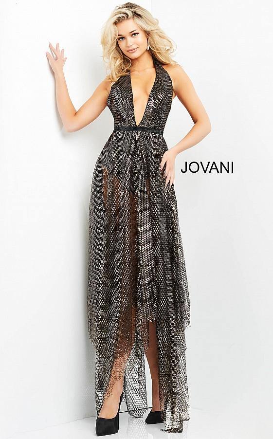 Jovani Prom Long Halter Metallic A Line Dress 05068 - The Dress Outlet