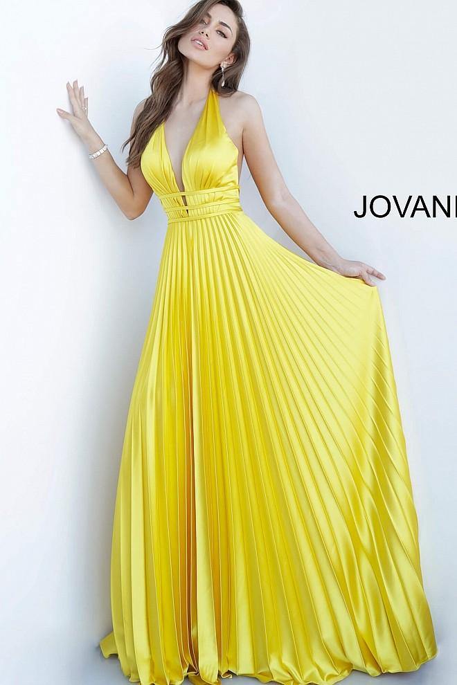 Jovani Prom Long Halter Pleated Satin Dress 00637 - The Dress Outlet