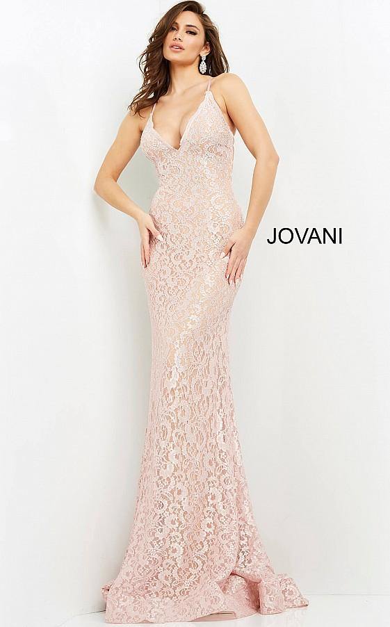 Jovani Prom Long Spaghetti Straps Lace Dress 06583 - The Dress Outlet