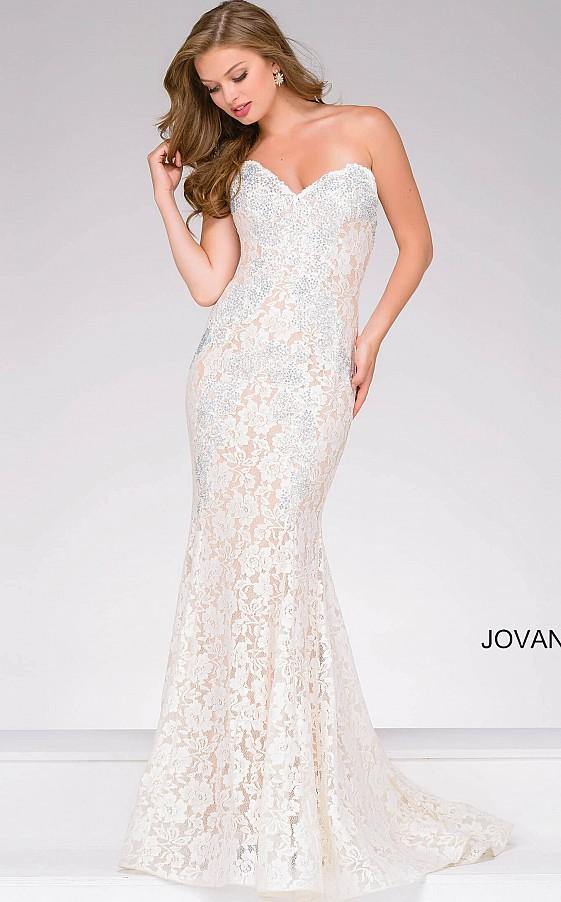 Jovani Prom Long Strapless Fitted Lace Dress 37334 - The Dress Outlet