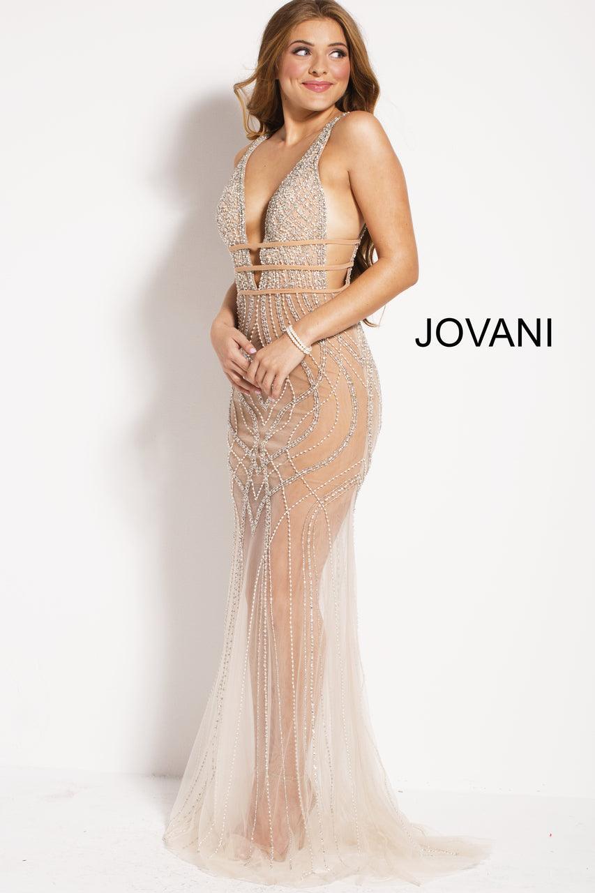 Jovani Sparkling Sheer Plunging Long Evening Dress 51272 - The Dress Outlet