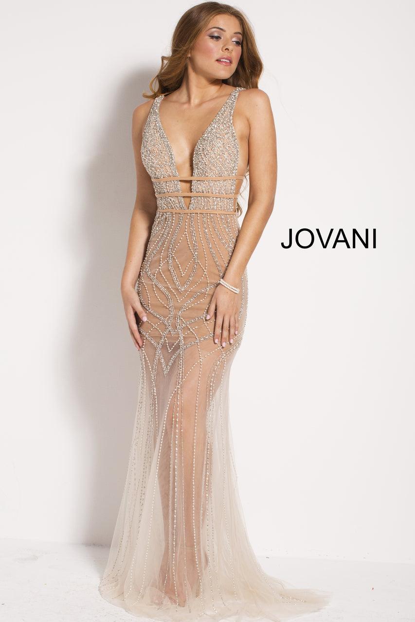 Jovani Sparkling Sheer Plunging Long Evening Dress 51272 - The Dress Outlet