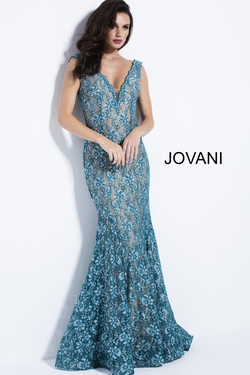 Jovani V-Neck Lace Mermaid Long Prom Dress 57046 - The Dress Outlet