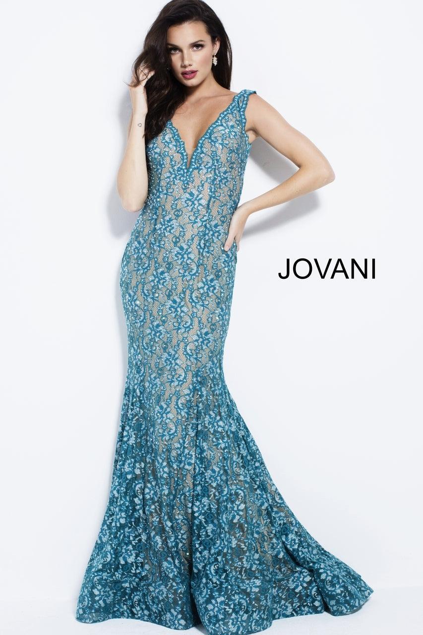 Jovani V-Neck Lace Mermaid Long Prom Dress 57046 - The Dress Outlet