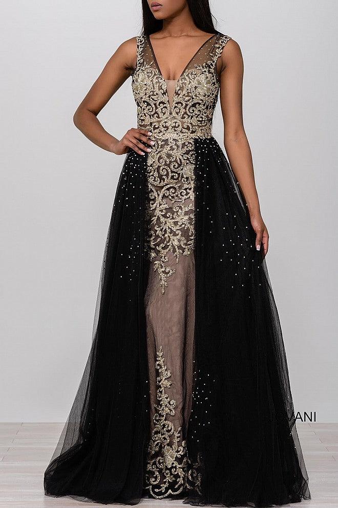 Jovani V-Neck Over Skirt Long evening Gown 41677 - The Dress Outlet