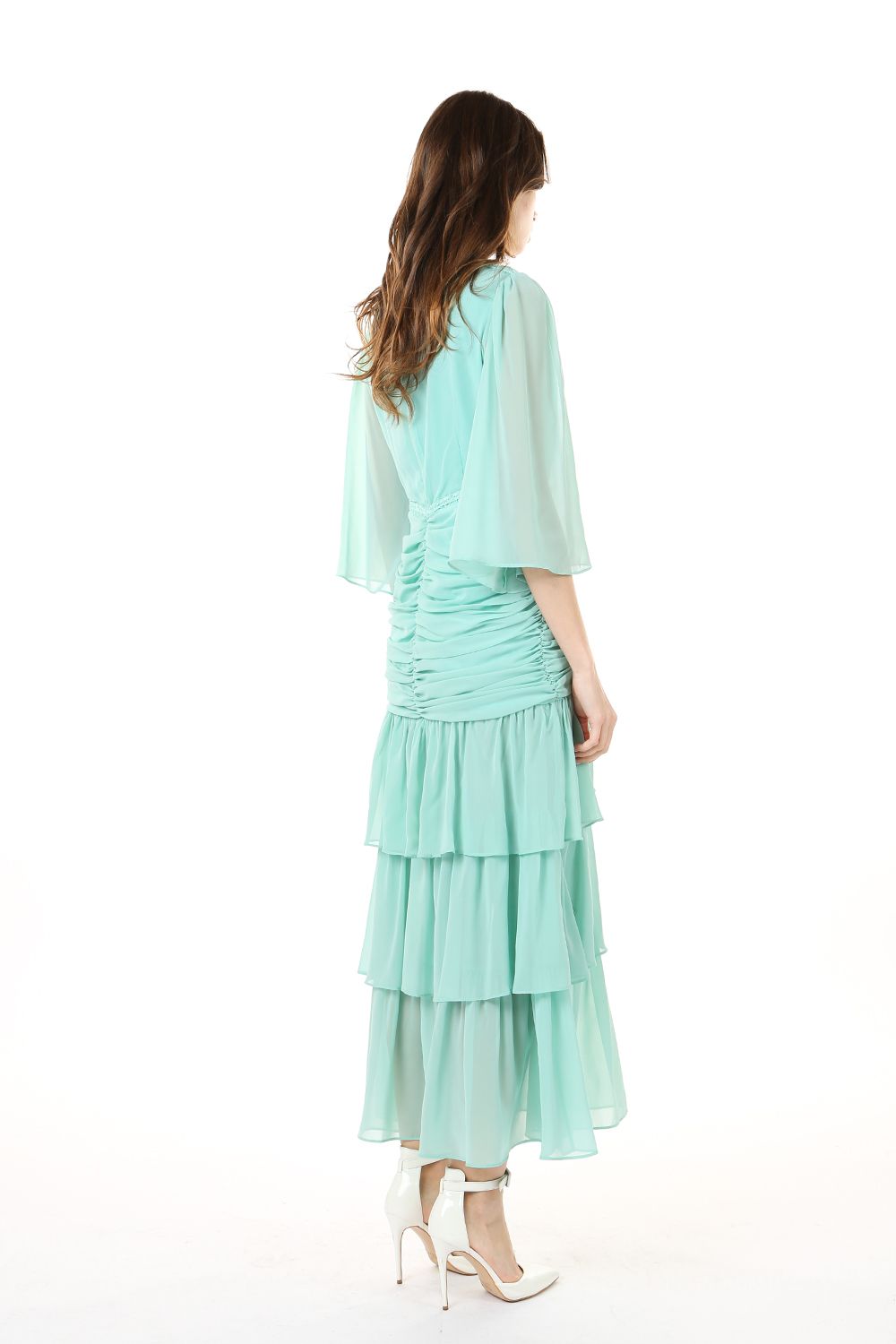 Cocktail Dresses V Neck Tiered Flounce Chiffon Tea Length Dress Mint