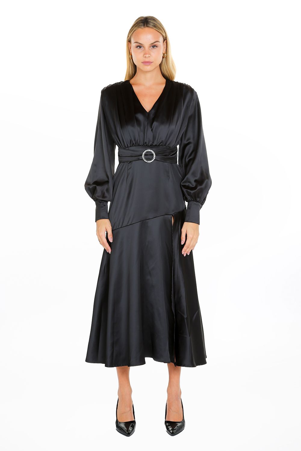 Cocktail Dresses Long Sleeve Satin V Neck Maxi Dress Black