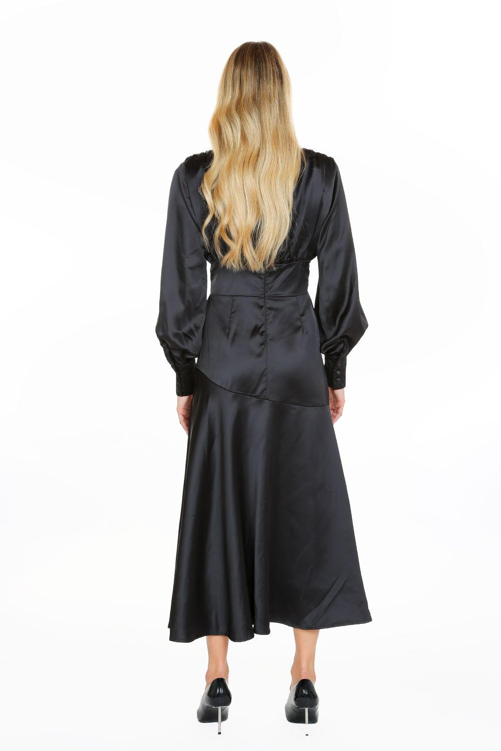 Cocktail Dresses Long Sleeve Satin V Neck Maxi Dress Black