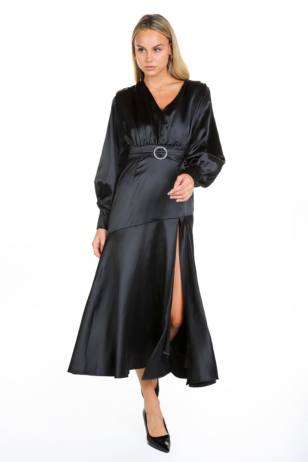 Cocktail Dresses Long Sleeve Satin V Neck Maxi Dress Black