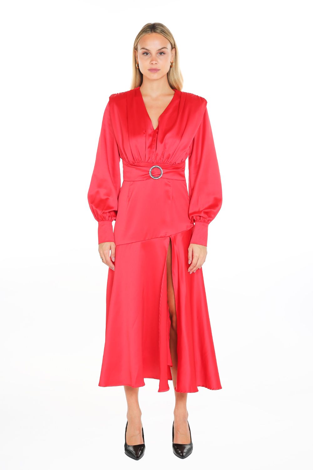 Cocktail Dresses Long Sleeve Satin V Neck Maxi Dress Red