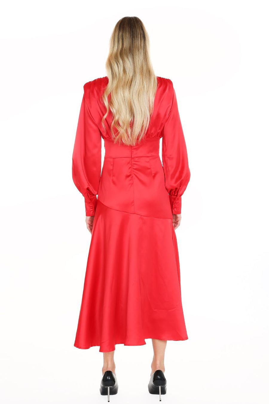 Cocktail Dresses Long Sleeve Satin V Neck Maxi Dress Red