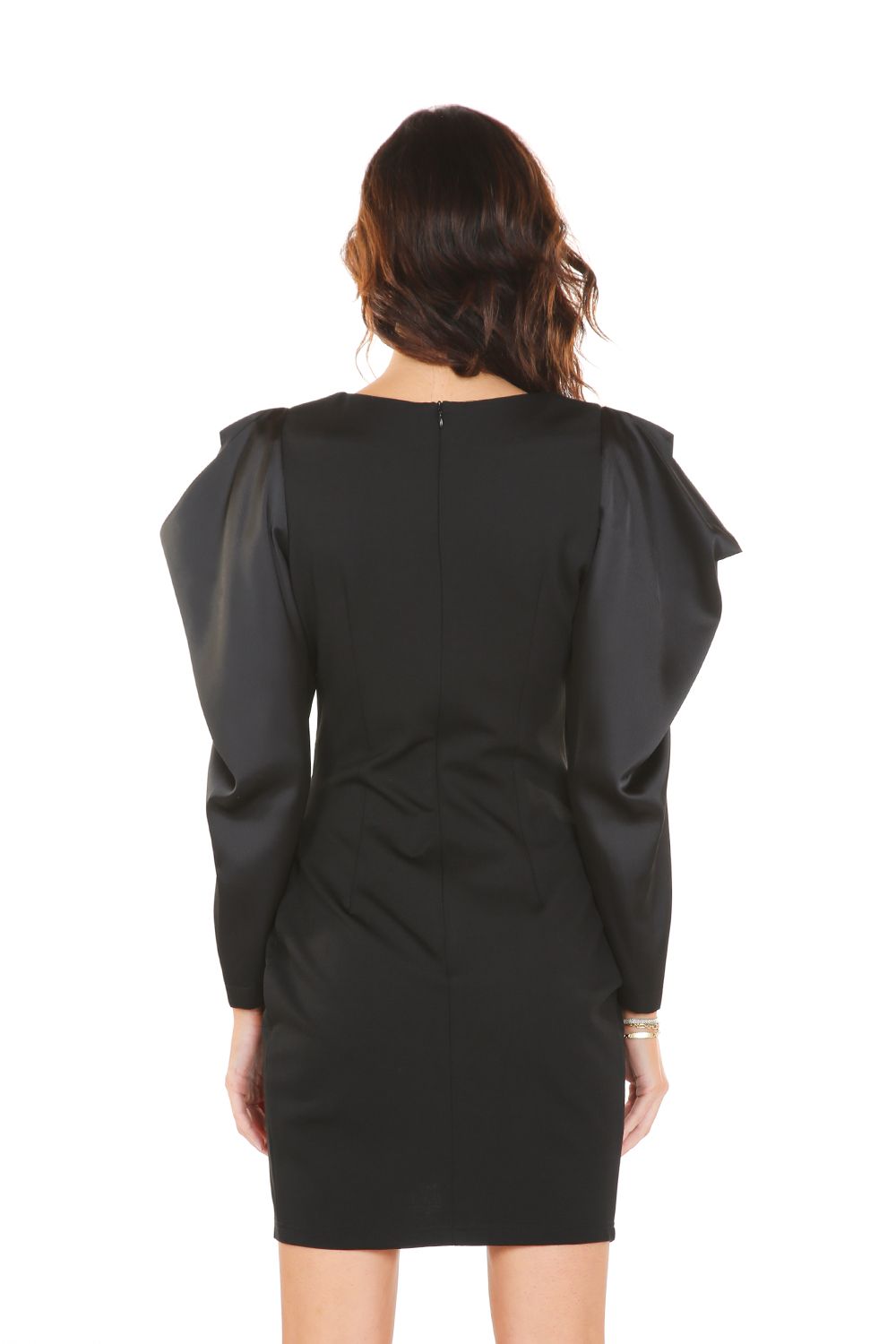 Cocktail Dresses Short Puff Sleeve Waist Gathered Satin Mini Dress Black