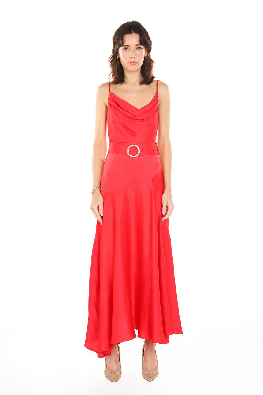 Cocktail Dresses Pleated Cowl Neck Spaghetti Strap Satin Dress Red