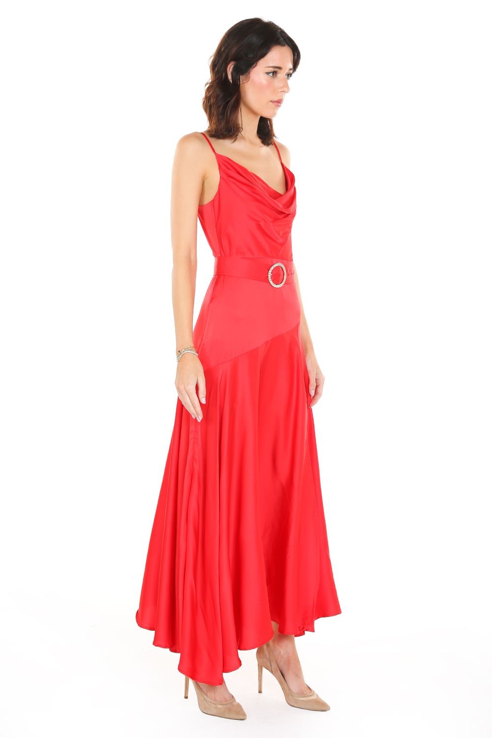 Cocktail Dresses Pleated Cowl Neck Spaghetti Strap Satin Dress Red