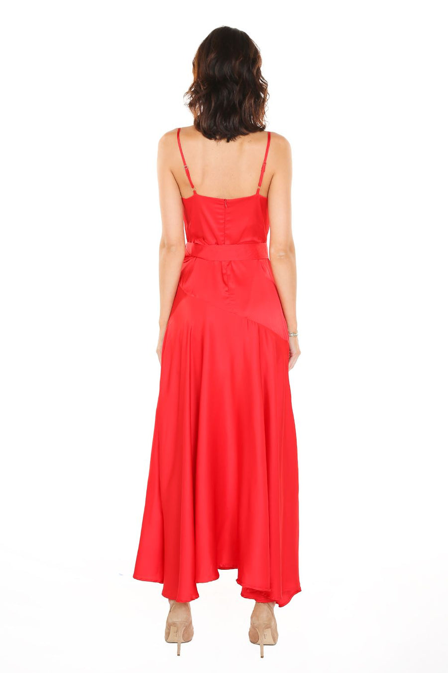 Cocktail Dresses Pleated Cowl Neck Spaghetti Strap Satin Dress Red