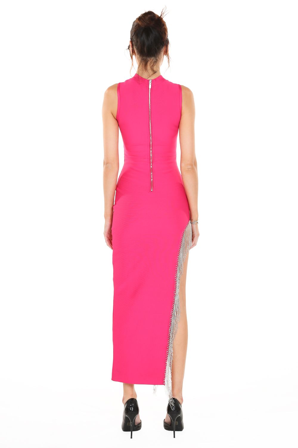 Cocktail Dresses Long Rhinestone Tassel Maxi Dress Fuchsia