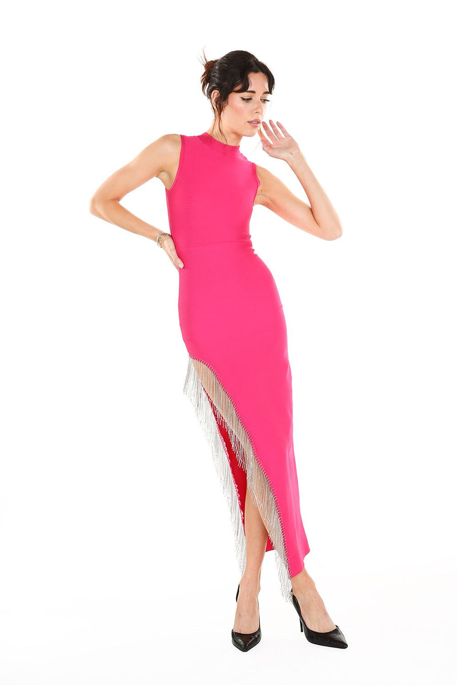 Cocktail Dresses Long Rhinestone Tassel Maxi Dress Fuchsia