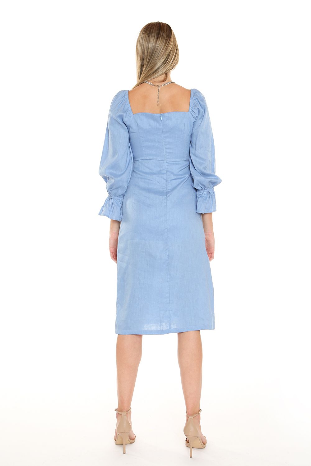 Cocktail Dresses Long Sleeve Square Neckline Midi Length Dress Blue