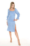 Cocktail Dresses Long Sleeve Square Neckline Midi Length Dress Blue