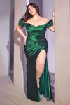 Plus Size Off Shoulder Long Slit Prom Dress Emerald