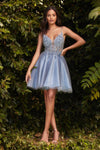 Lace Applique Short Spaghetti Strap Prom Dress Smoky Blue