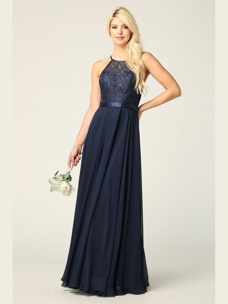 Lace Halter Chiffon Long Bridesmaids Dress - The Dress Outlet