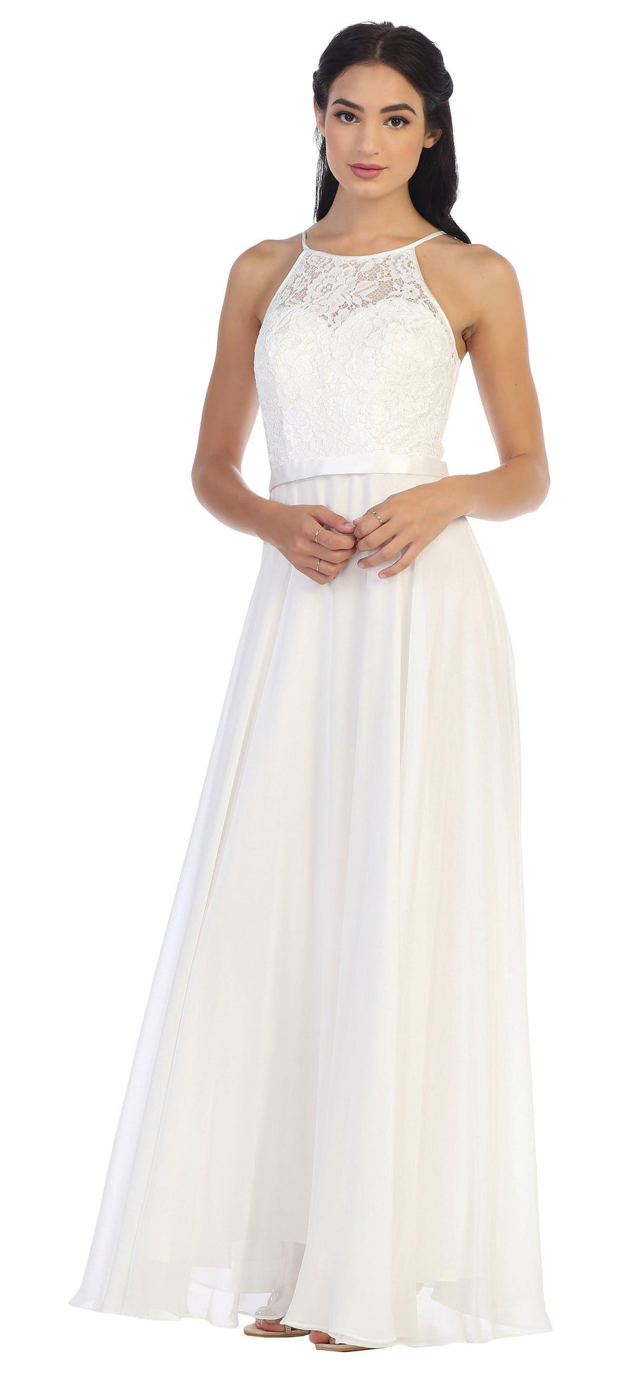 Lace Halter Chiffon Long Bridesmaids Dress - The Dress Outlet