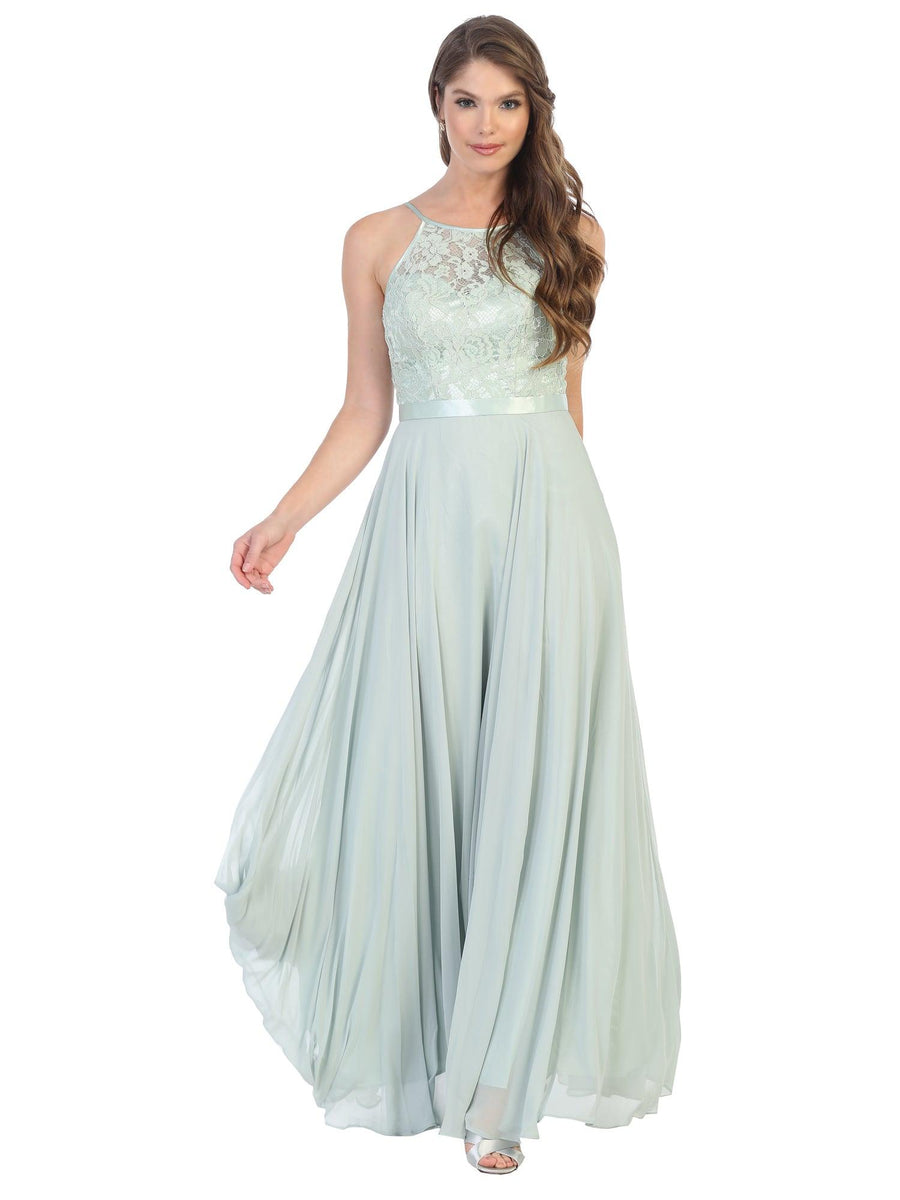 Lace Halter Chiffon Long Bridesmaids Dress - The Dress Outlet