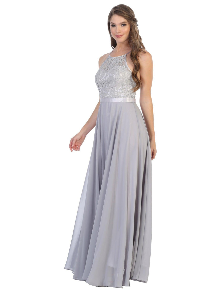 Lace Halter Chiffon Long Bridesmaids Dress - The Dress Outlet