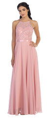 Lace Halter Chiffon Long Bridesmaids Dress - The Dress Outlet