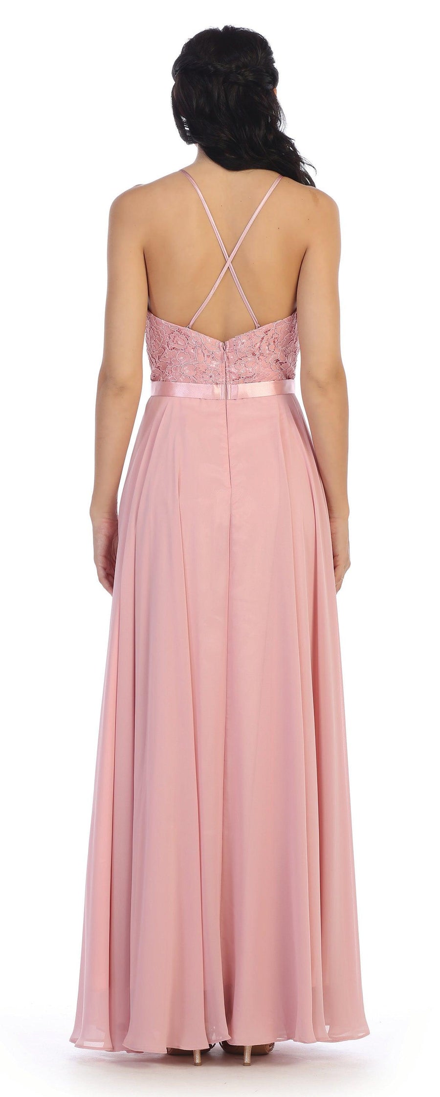 Lace Halter Chiffon Long Bridesmaids Dress - The Dress Outlet