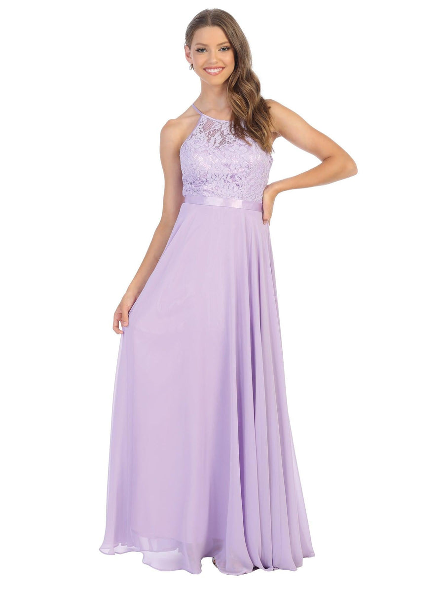 Lace Halter Chiffon Long Bridesmaids Dress - The Dress Outlet